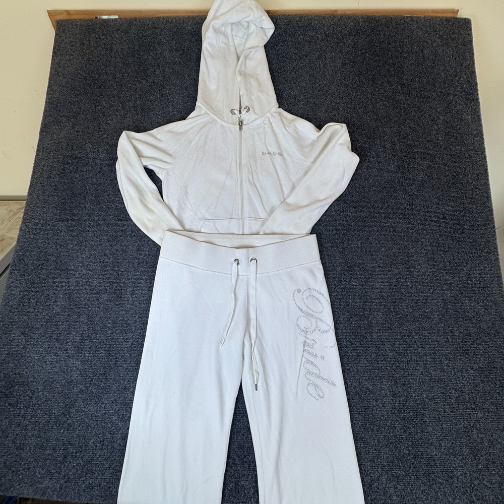 Bebe Tracksuit Womens S/XS White Logo Cotton Drawstring Wide Leg Full Zip Y2K